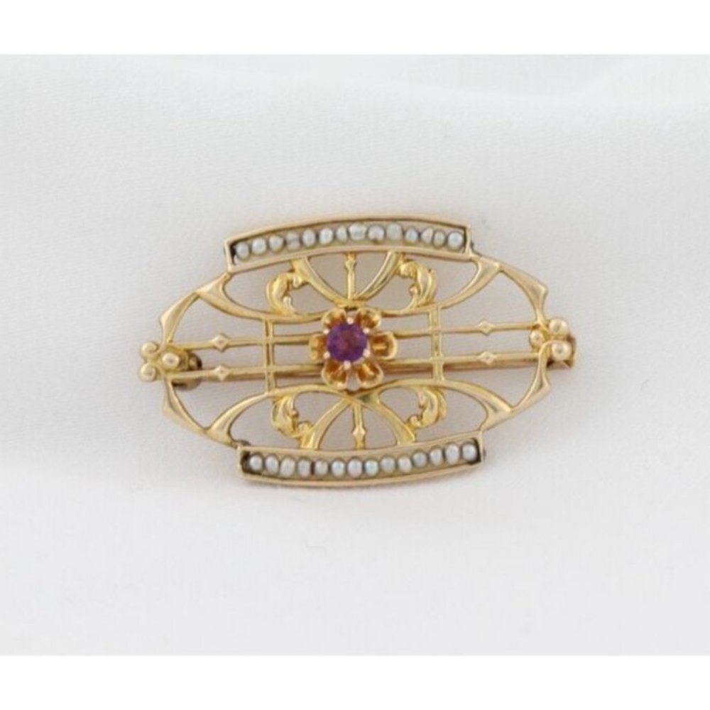 10k Yellow Gold Pink Cubic Zirconia & Seed Pearl Pin Antique Victorian